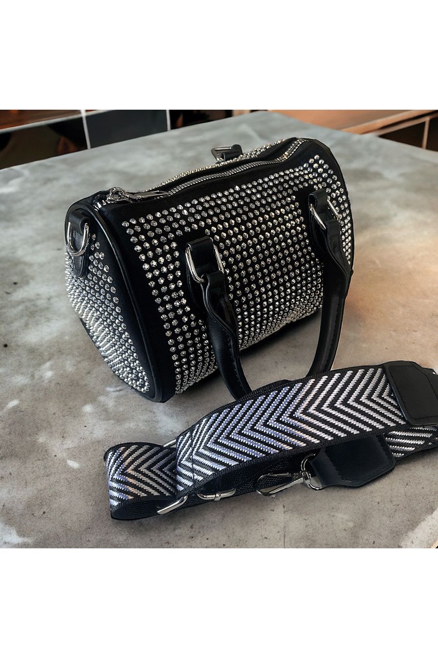 Mini black bowling bag decorated with silver rhinestones - 1