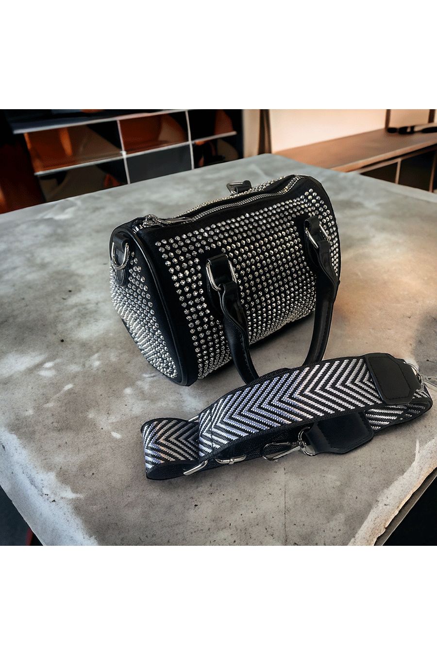 Mini black bowling bag decorated with silver rhinestones - 2