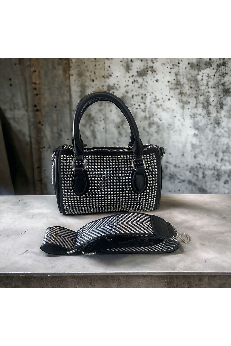 Mini black bowling bag decorated with silver rhinestones - 3