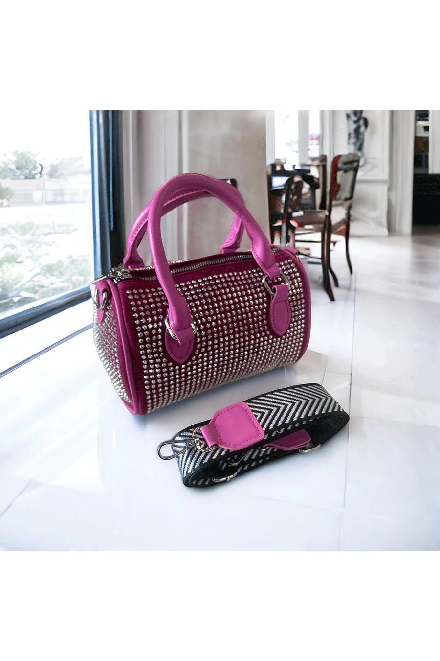 Mini fuchsia bowling bag decorated with rhinestones - 1