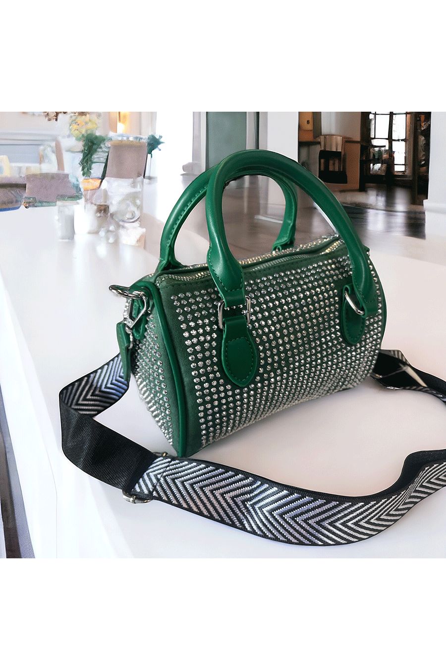 Mini green bowling bag decorated with rhinestones - 1