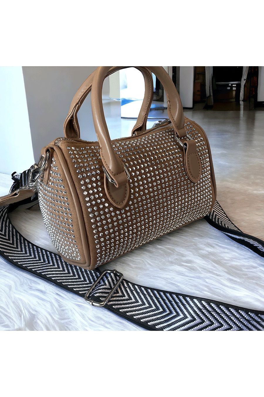 Mini camel bowlingtas versierd met strass steentjes - 1