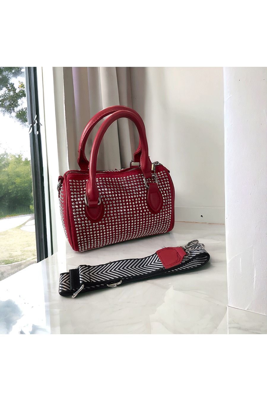 Mini burgundy bowling bag decorated with rhinestones - 1