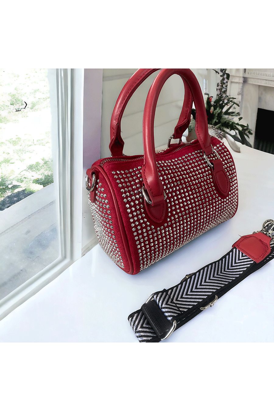 Mini sac bowling bordeaux orné de strass - 2