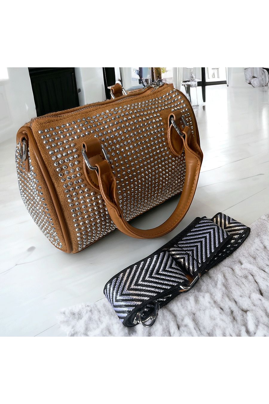 Mini burgundy bowling bag decorated with rhinestones - 1