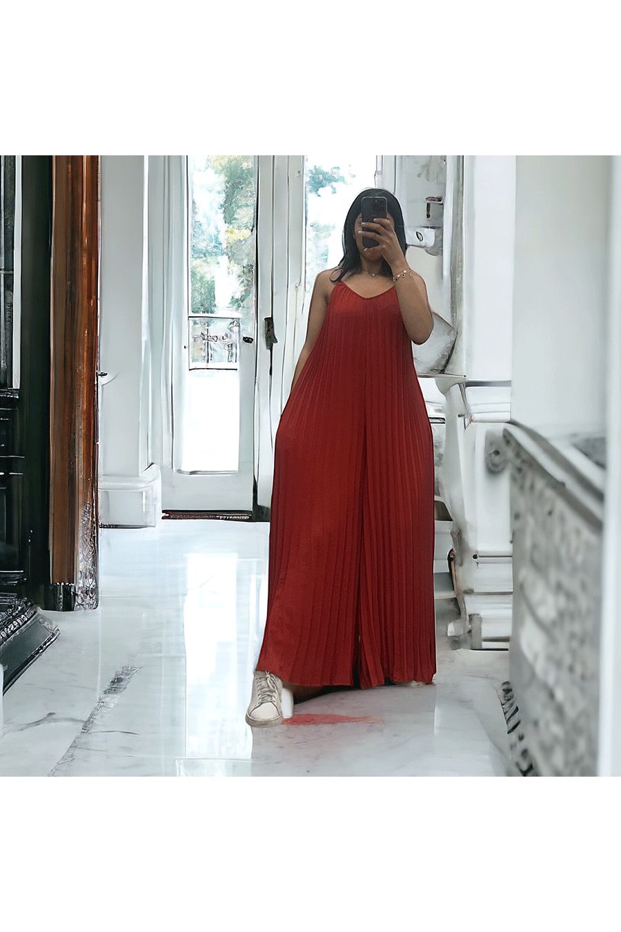 Pleated palazzo jumpsuit in cognac - 2