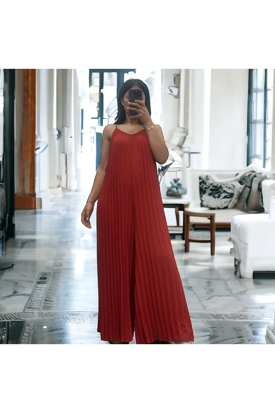 Geplooide palazzo jumpsuit in cognac - 4