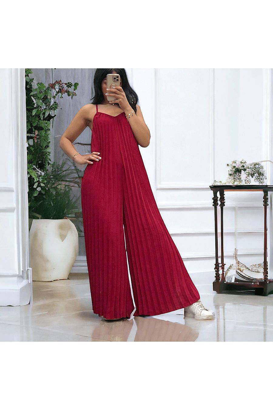 Combinaison palazzo plissé en bordeaux  - 3