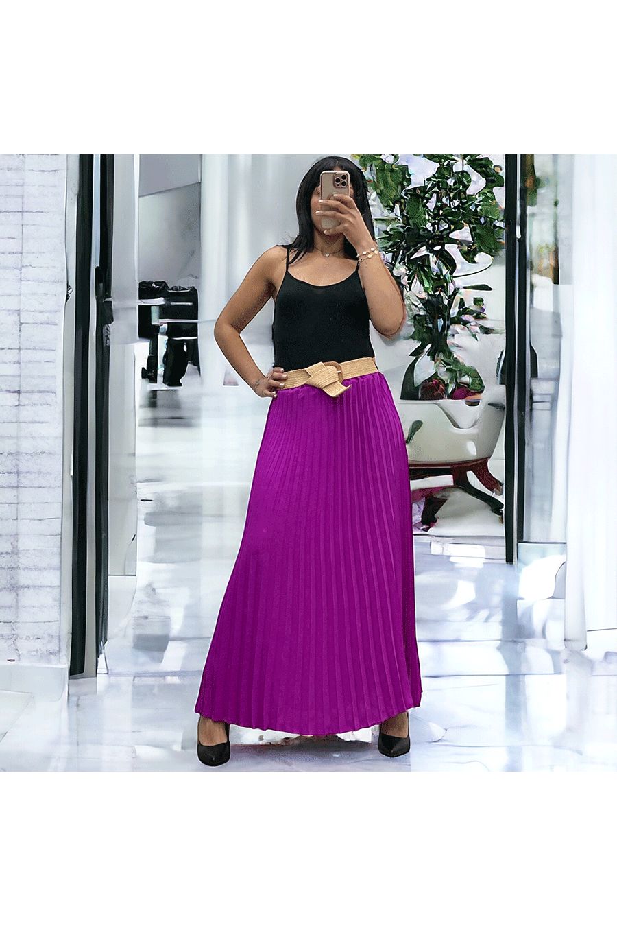 Longue jupe plissé fuchsia avec ceinture élastique  - 1