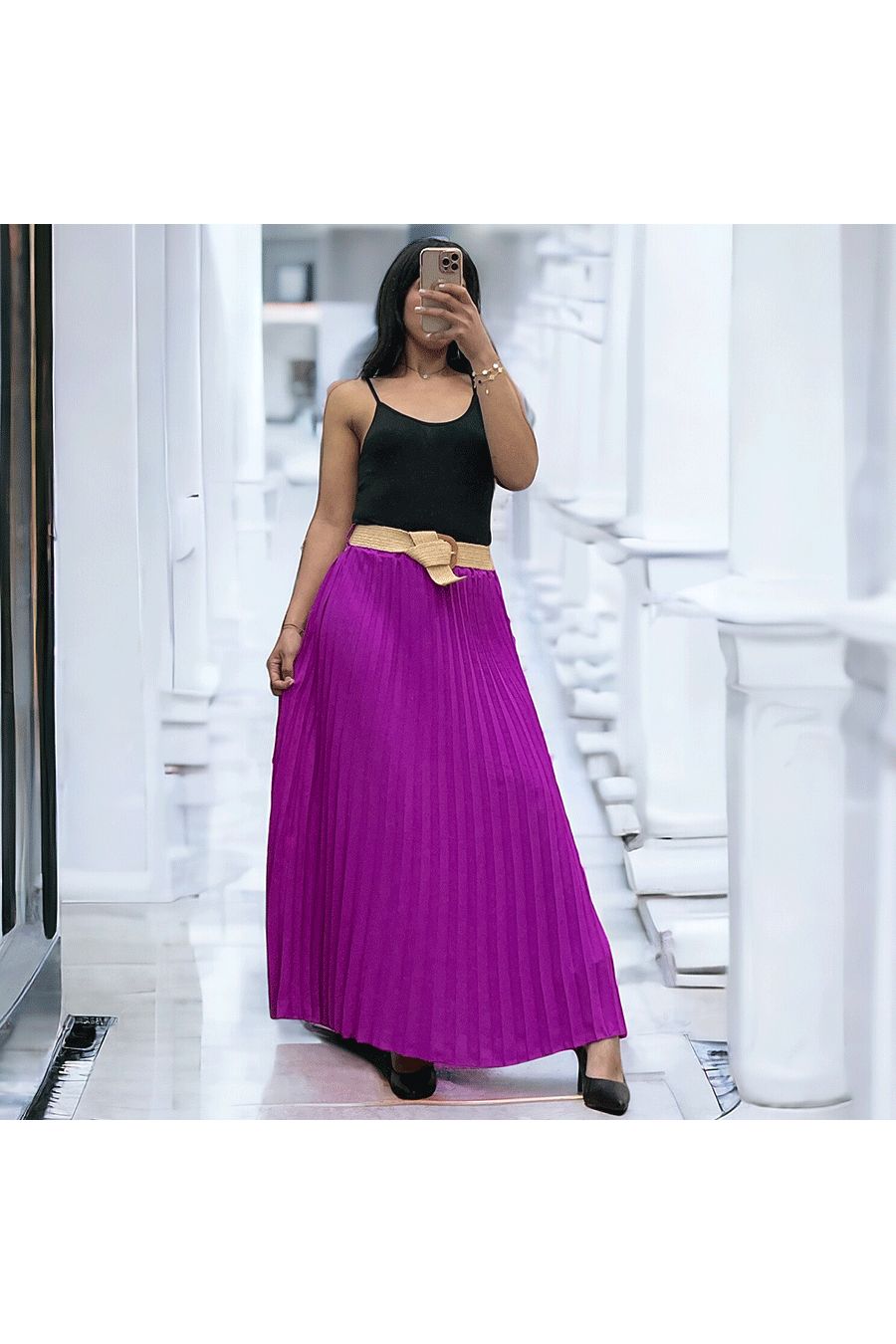Longue jupe plissé fuchsia avec ceinture élastique  - 2