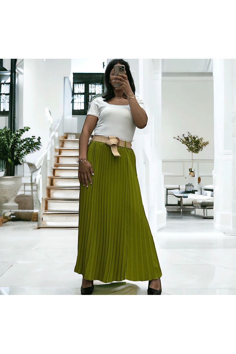Long pistachio pleated skirt with elastic waistband - 1
