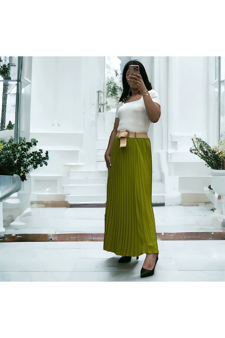 Longue jupe plissé pistache avec ceinture élastique  - 2