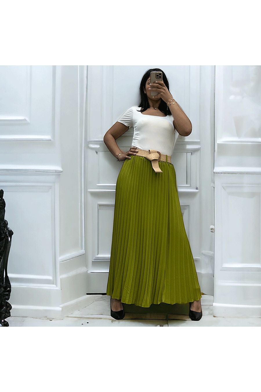 Longue jupe plissé pistache avec ceinture élastique  - 3
