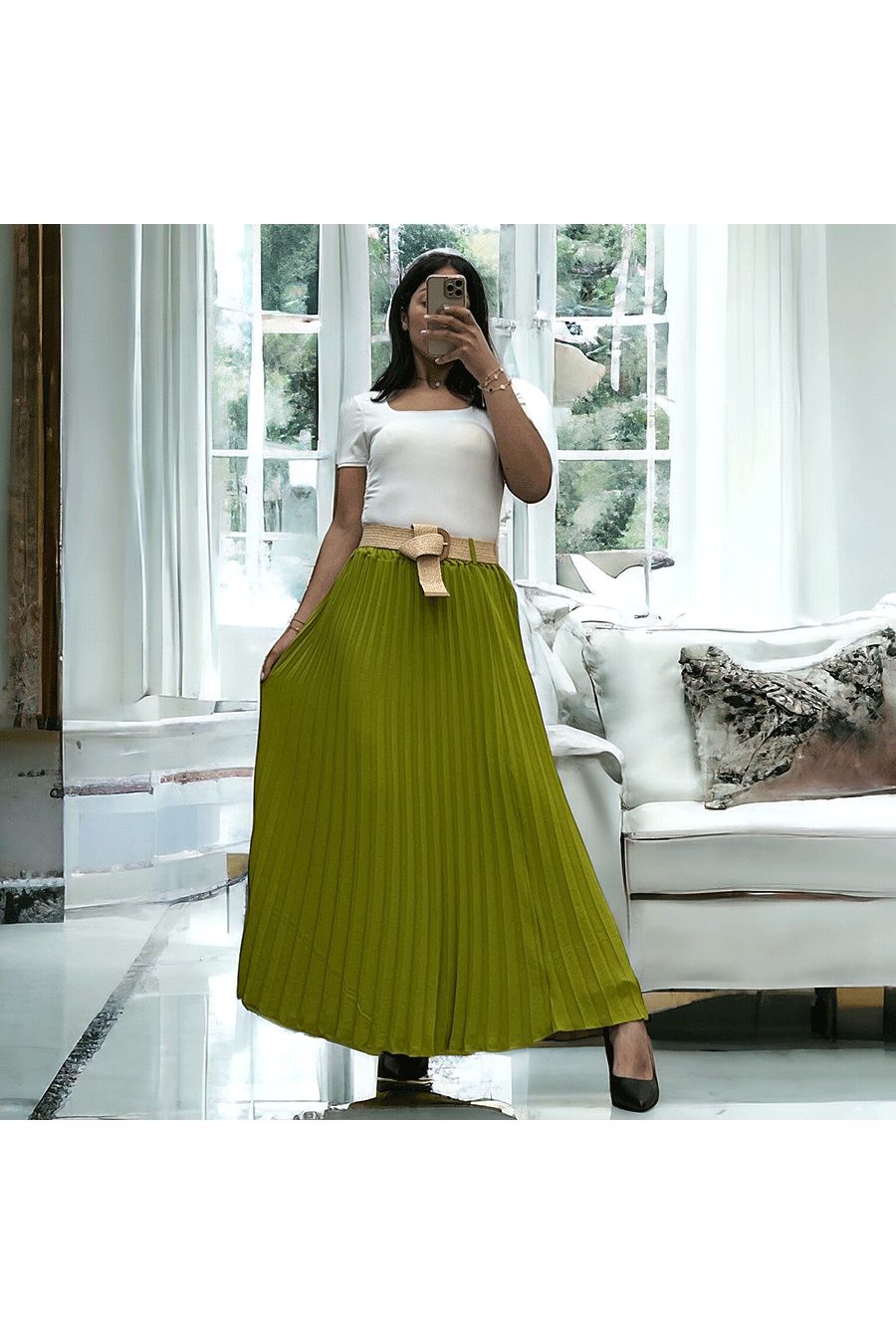 Longue jupe plissé pistache avec ceinture élastique  - 4