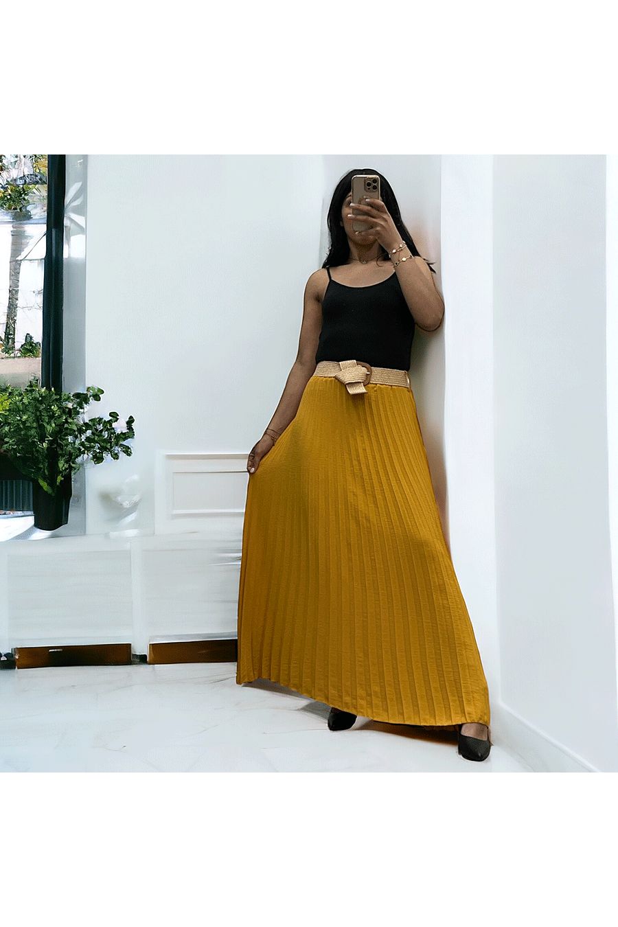 Long mustard pleated skirt with elastic waistband - 3