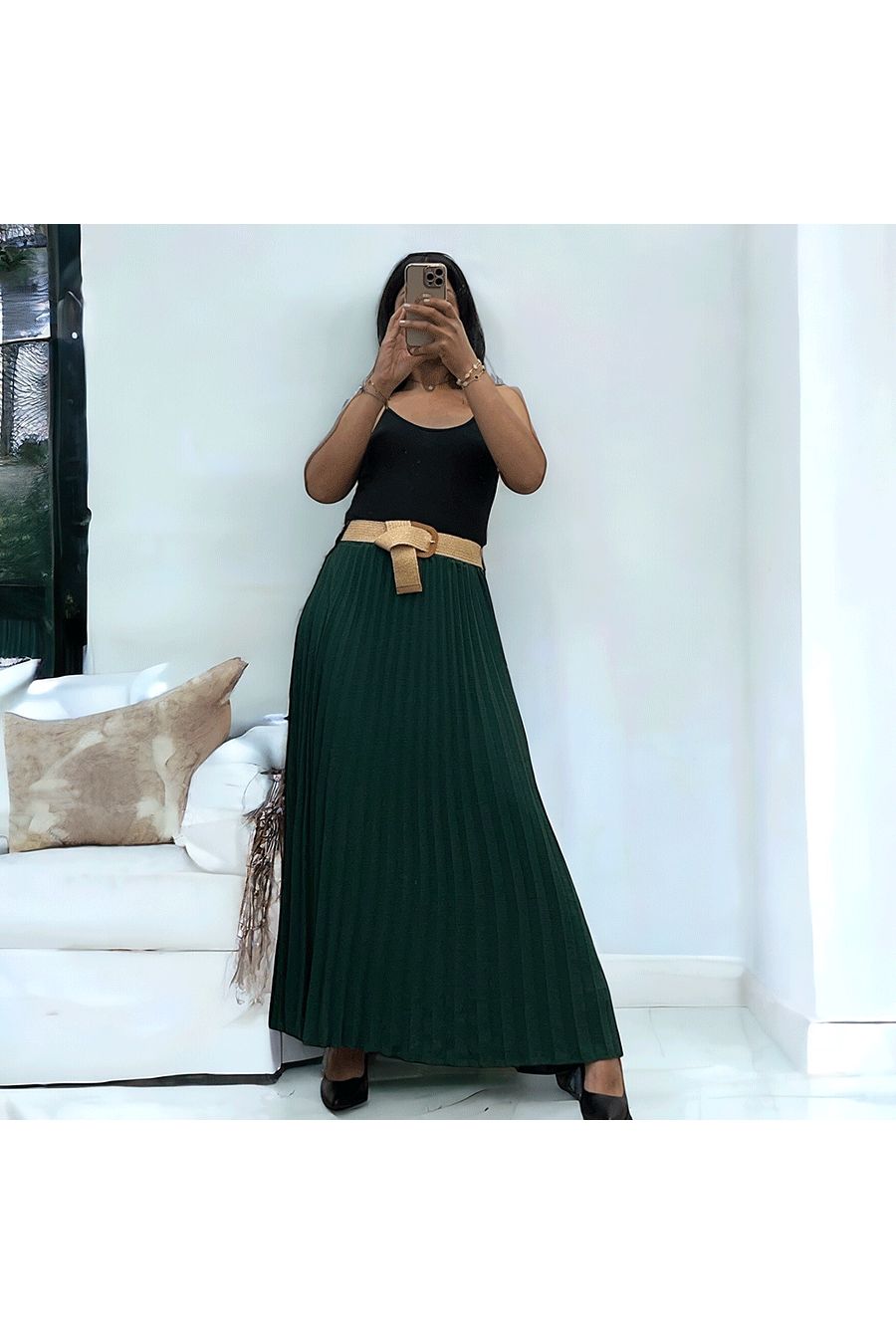 Longue jupe plissé vert sapin avec ceinture élastique  - 2