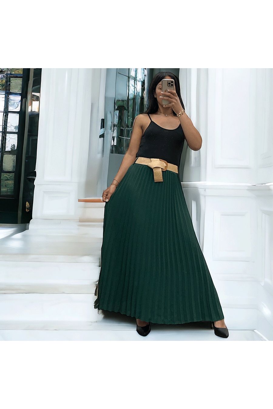 Longue jupe plissé vert sapin avec ceinture élastique  - 3