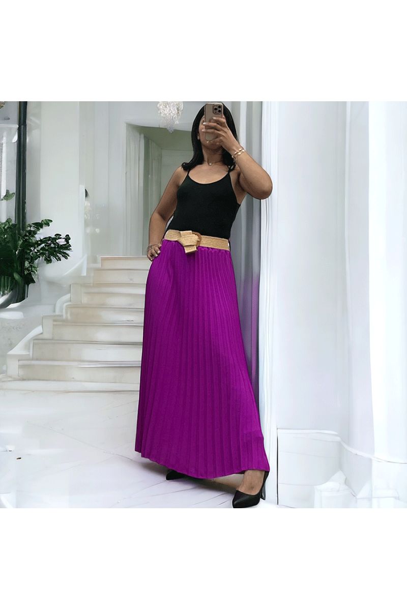 Long fuchsia pleated skirt with elastic belt - 3