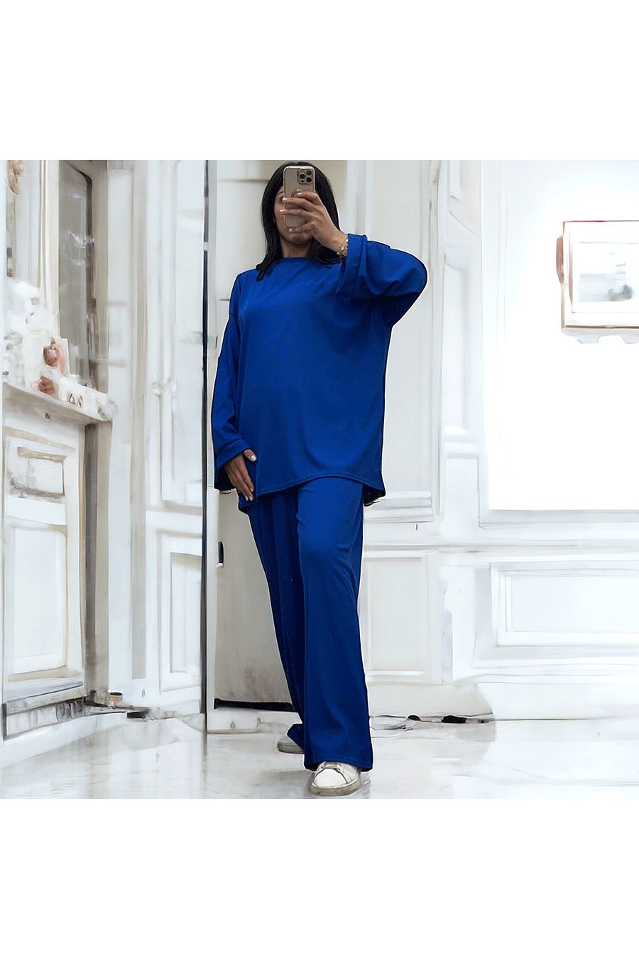 Spring Summer Royal Stretch Ribbed Knit Lightweight Tunic and Pants Set - 1