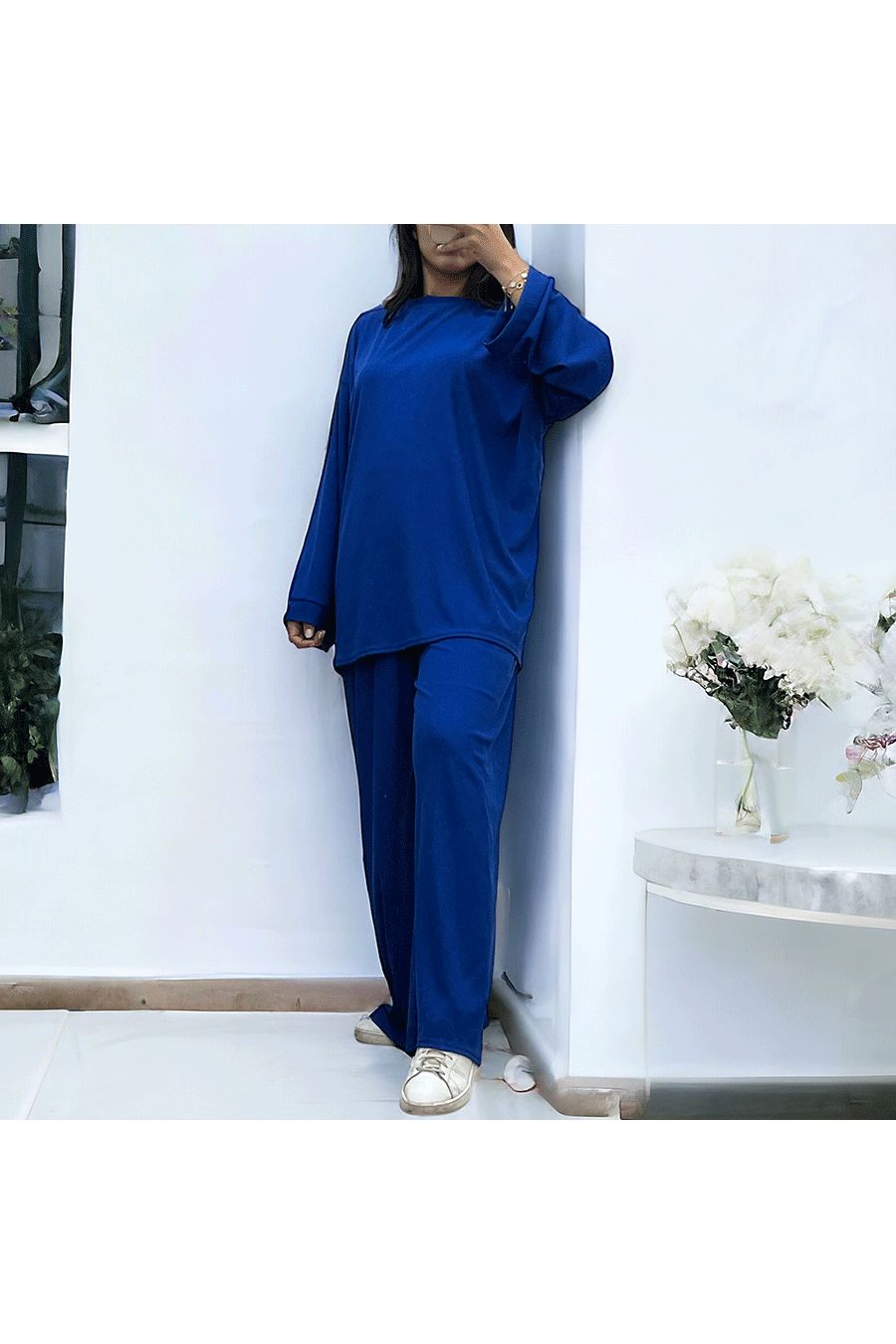 Ensemble tunique et pantalon léger royal en maille côtelé extensible printemps été   - 2