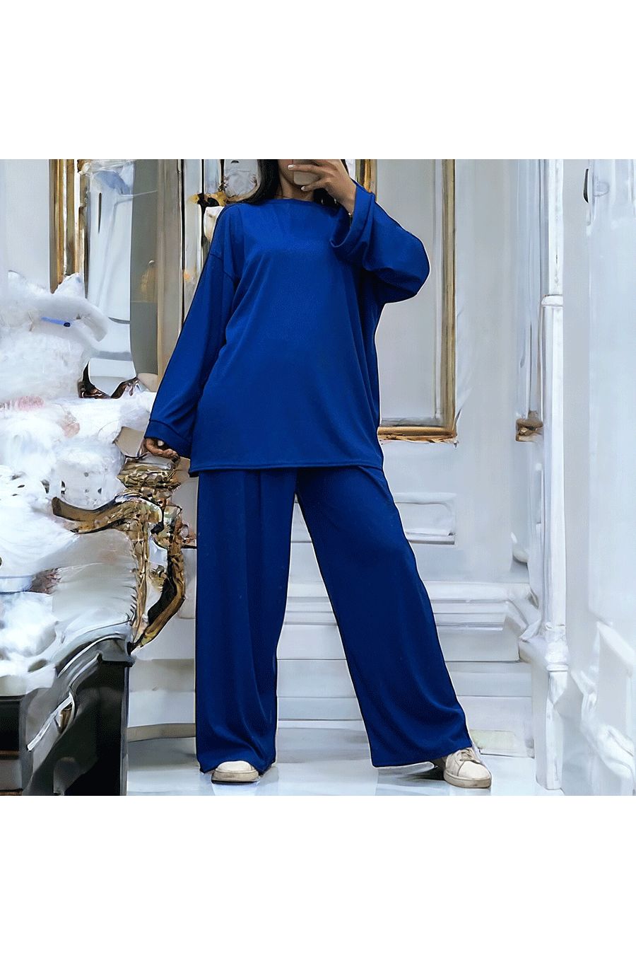 Ensemble tunique et pantalon léger royal en maille côtelé extensible printemps été   - 3