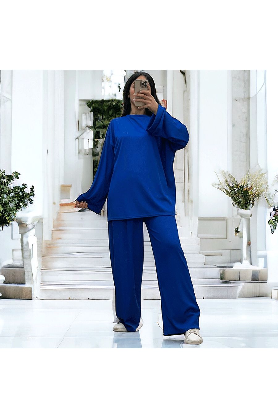 Spring Summer Royal Stretch Ribbed Knit Lightweight Tunic and Pants Set - 4