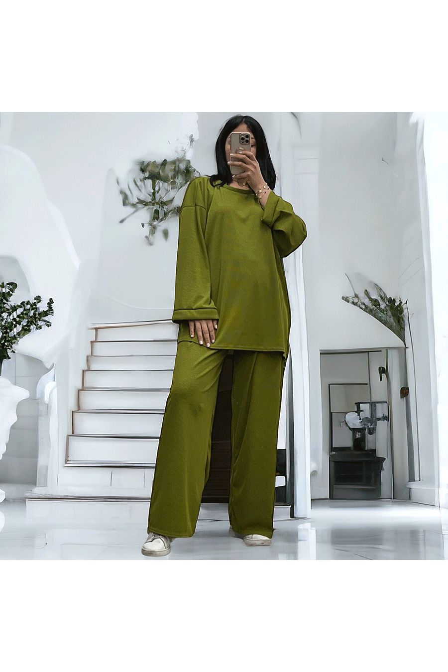 Lichtgewicht pistachegroene tuniek en broek van rekbaar geribd breisel lente-zomer - 1