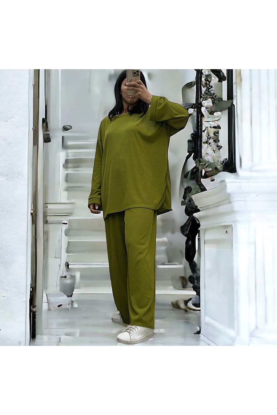 Ensemble tunique et pantalon léger vert pistache en maille côtelé extensible printemps été   - 2
