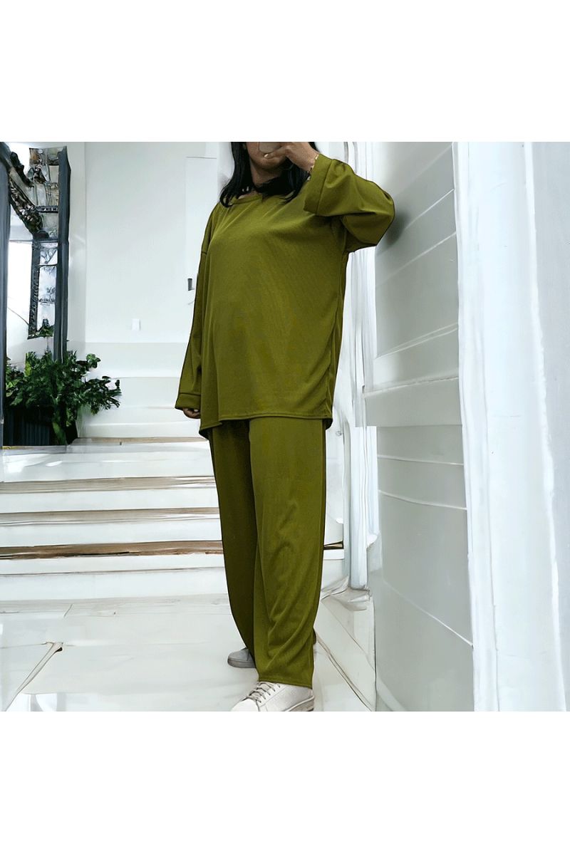 Ensemble tunique et pantalon léger vert pistache en maille côtelé extensible printemps été   - 3