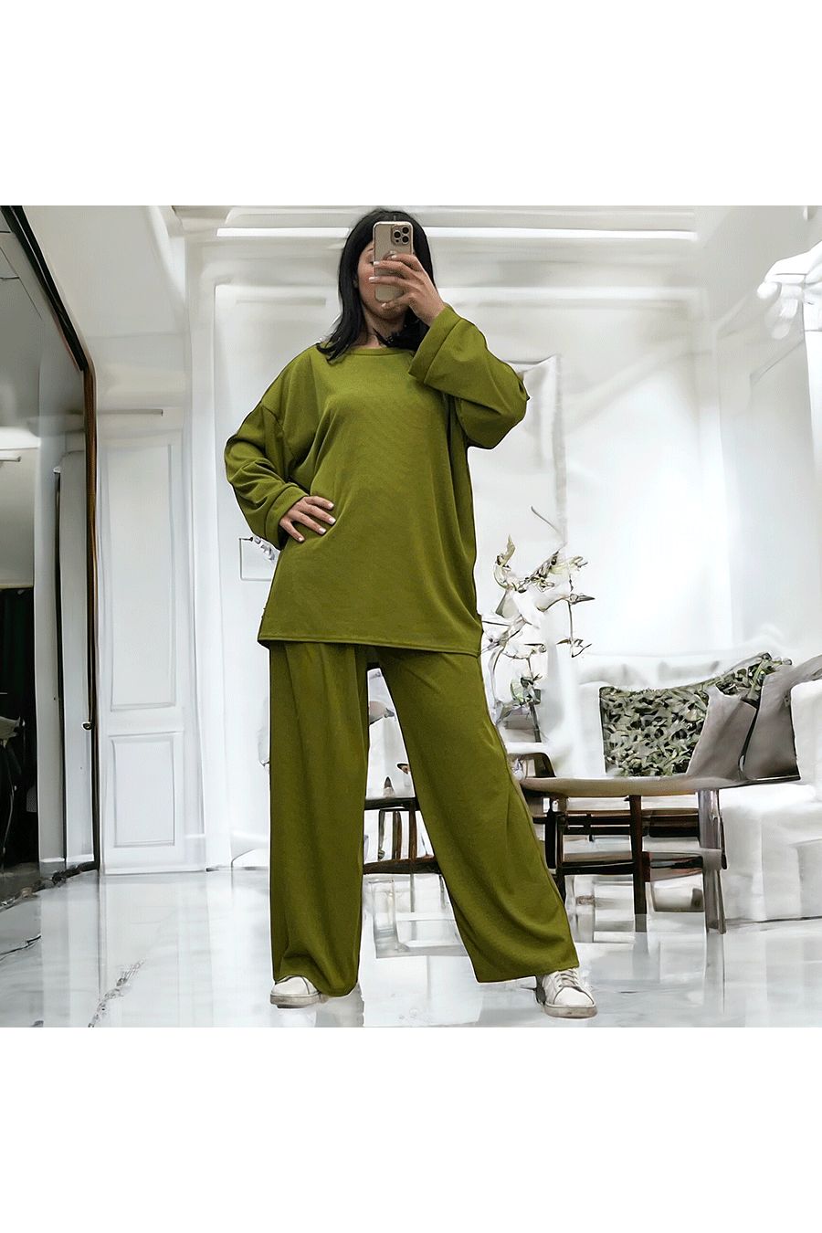 Lichtgewicht pistachegroene tuniek en broek van rekbaar geribd breisel lente-zomer - 4