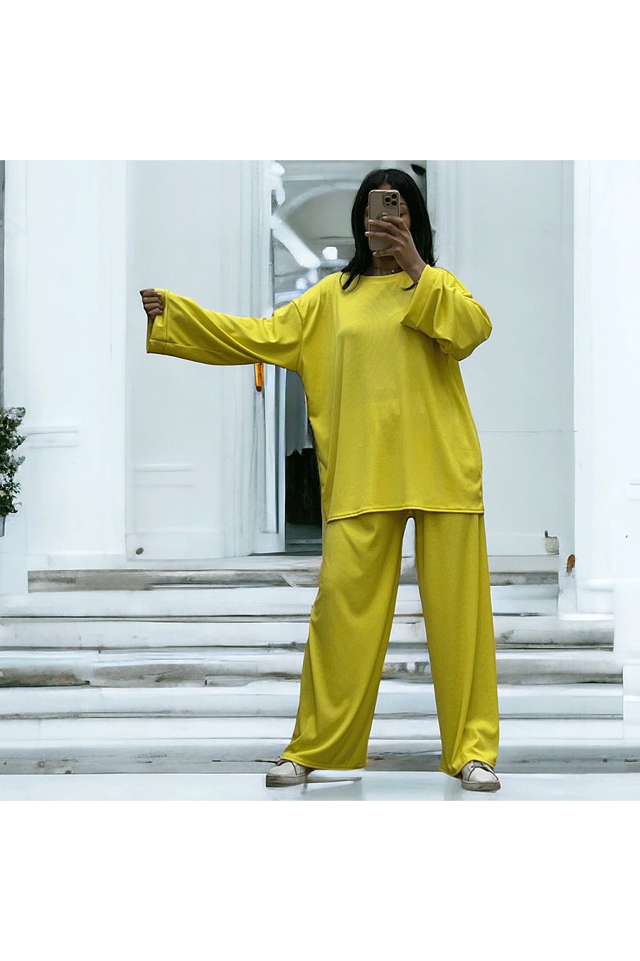 Ensemble tunique et pantalon léger jaune en maille côtelé extensible printemps été   - 1