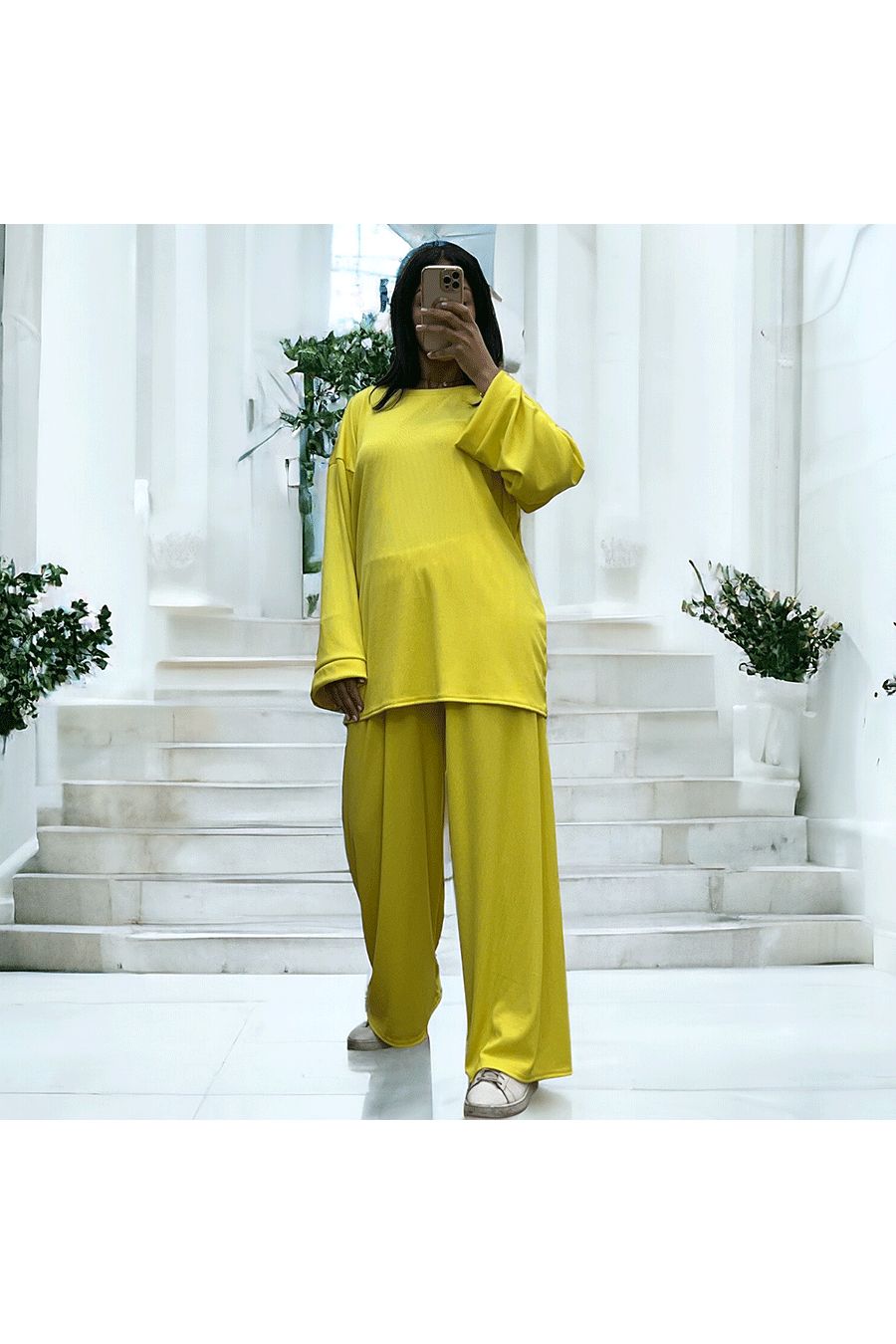 Ensemble tunique et pantalon léger jaune en maille côtelé extensible printemps été   - 2