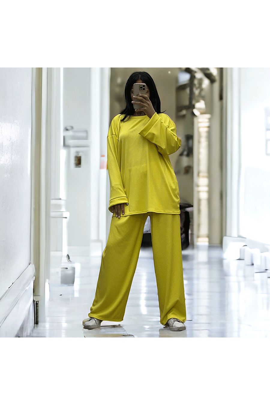 Ensemble tunique et pantalon léger jaune en maille côtelé extensible printemps été  