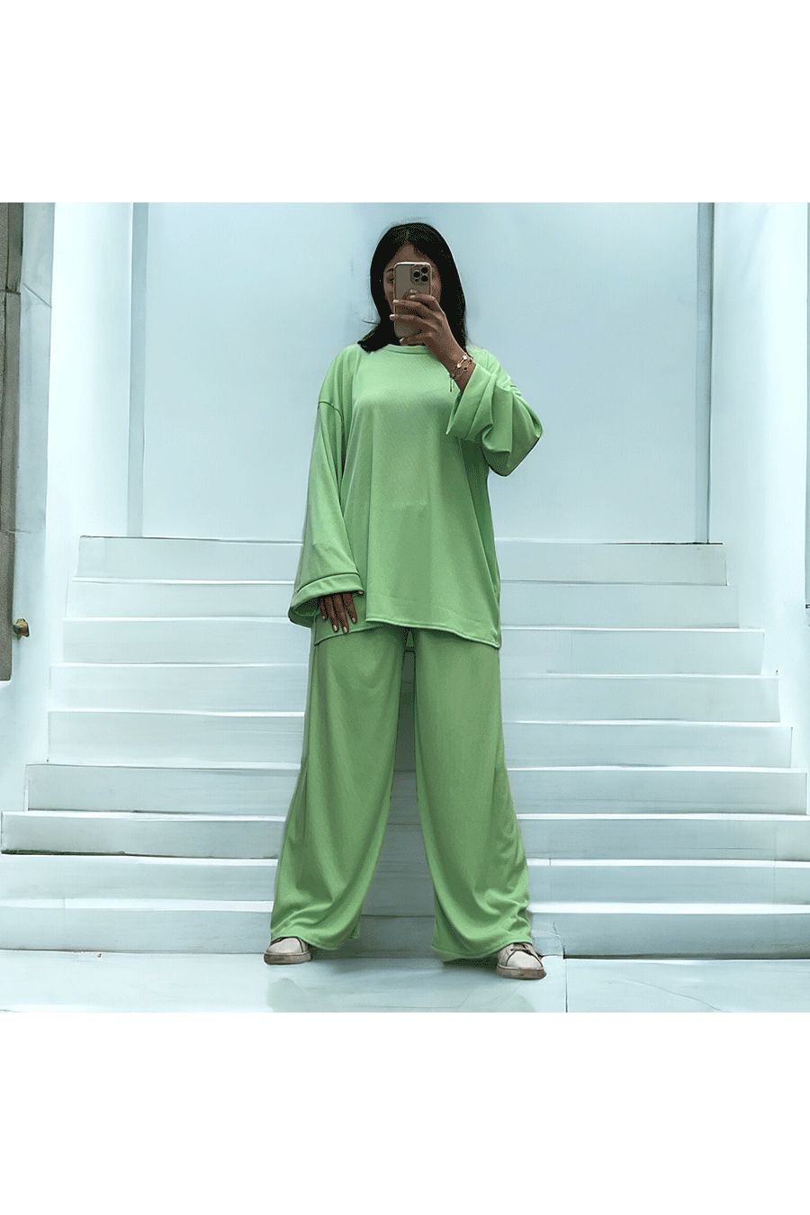 Lightweight aqua green tunic and pants set in stretchy ribbed knit spring summer - 1