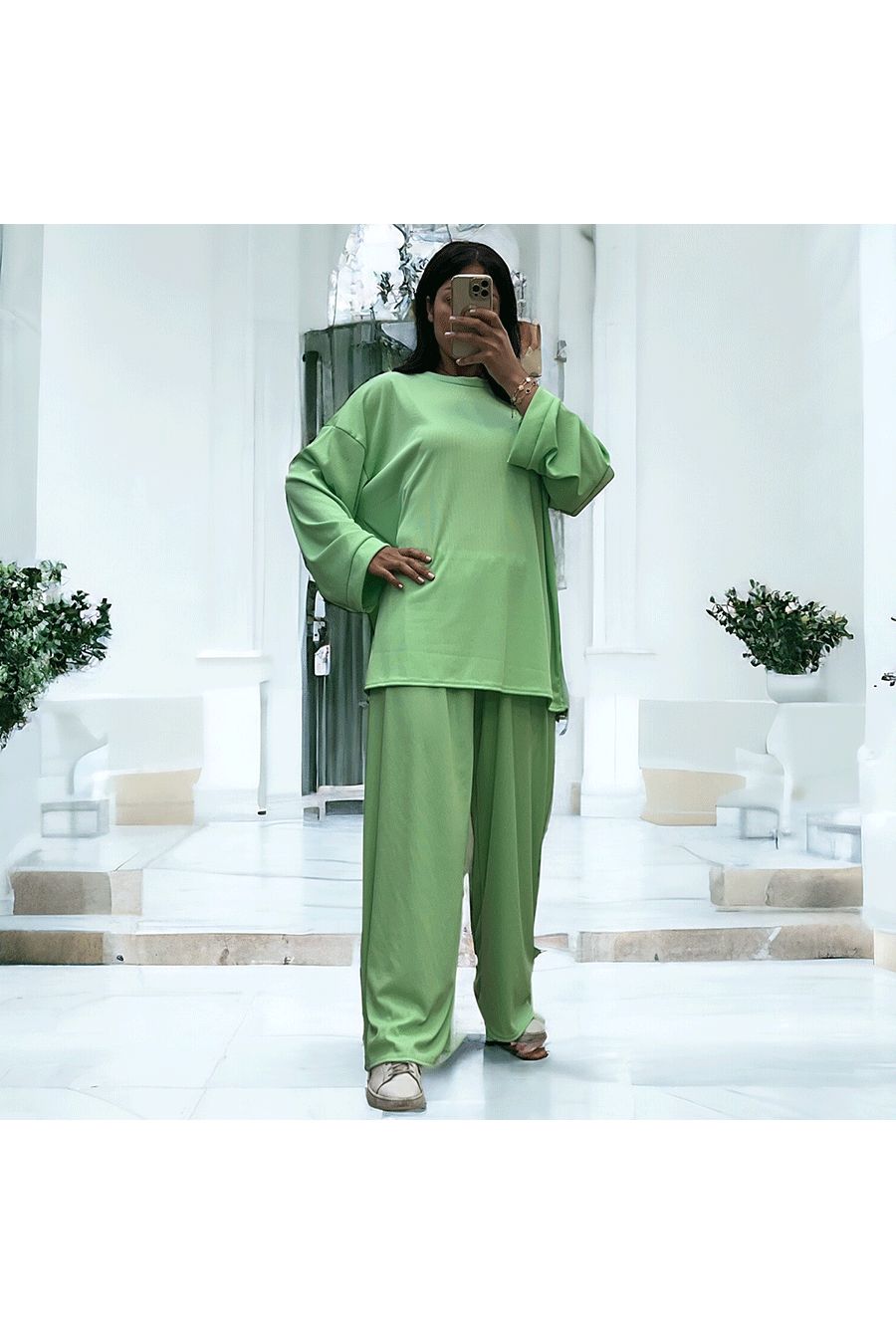 Ensemble tunique et pantalon léger vert d'eau en maille côtelé extensible printemps été   - 2