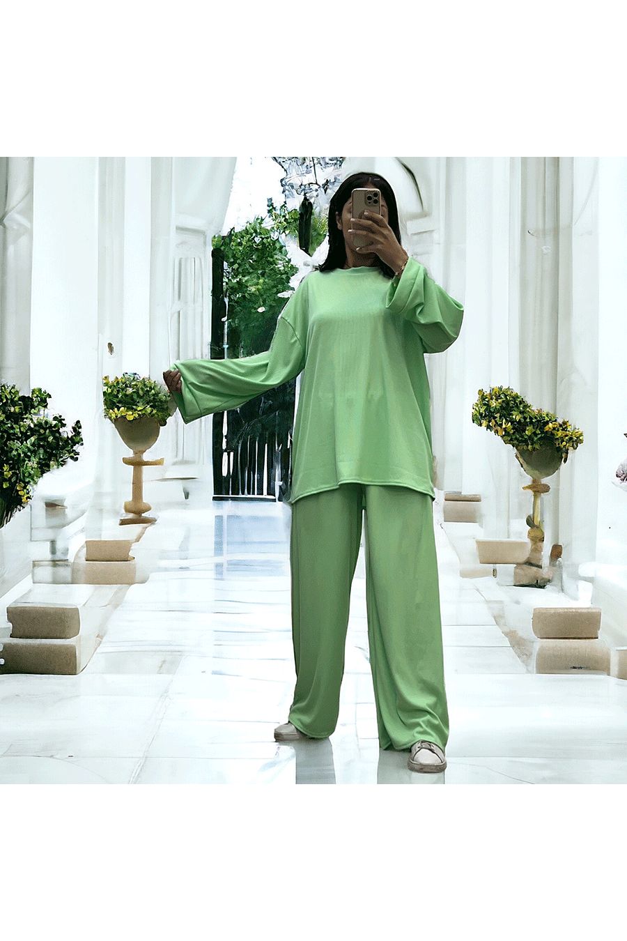 Ensemble tunique et pantalon léger vert d'eau en maille côtelé extensible printemps été   - 3