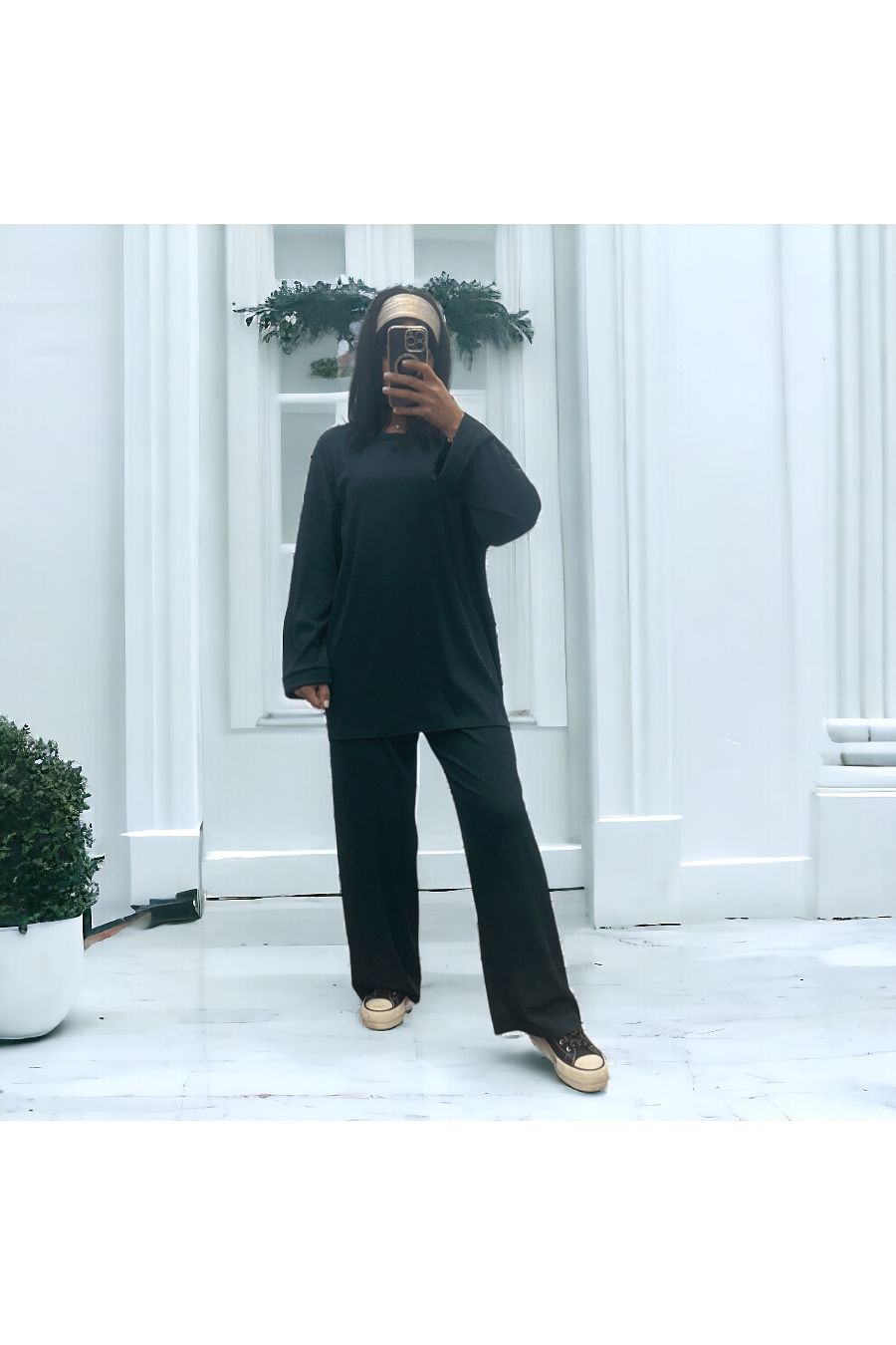 Ensemble tunique et pantalon léger vert sapin en maille côtelé extensible printemps été - 1