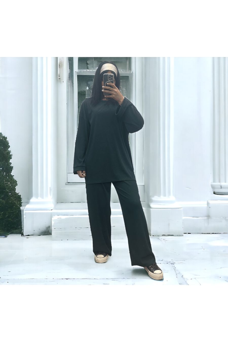 Ensemble tunique et pantalon léger vert sapin en maille côtelé extensible printemps été - 2