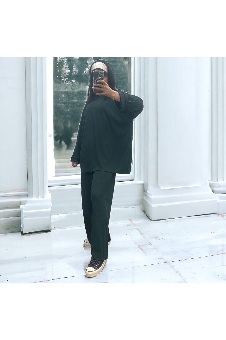 Ensemble tunique et pantalon léger vert sapin en maille côtelé extensible printemps été - 3