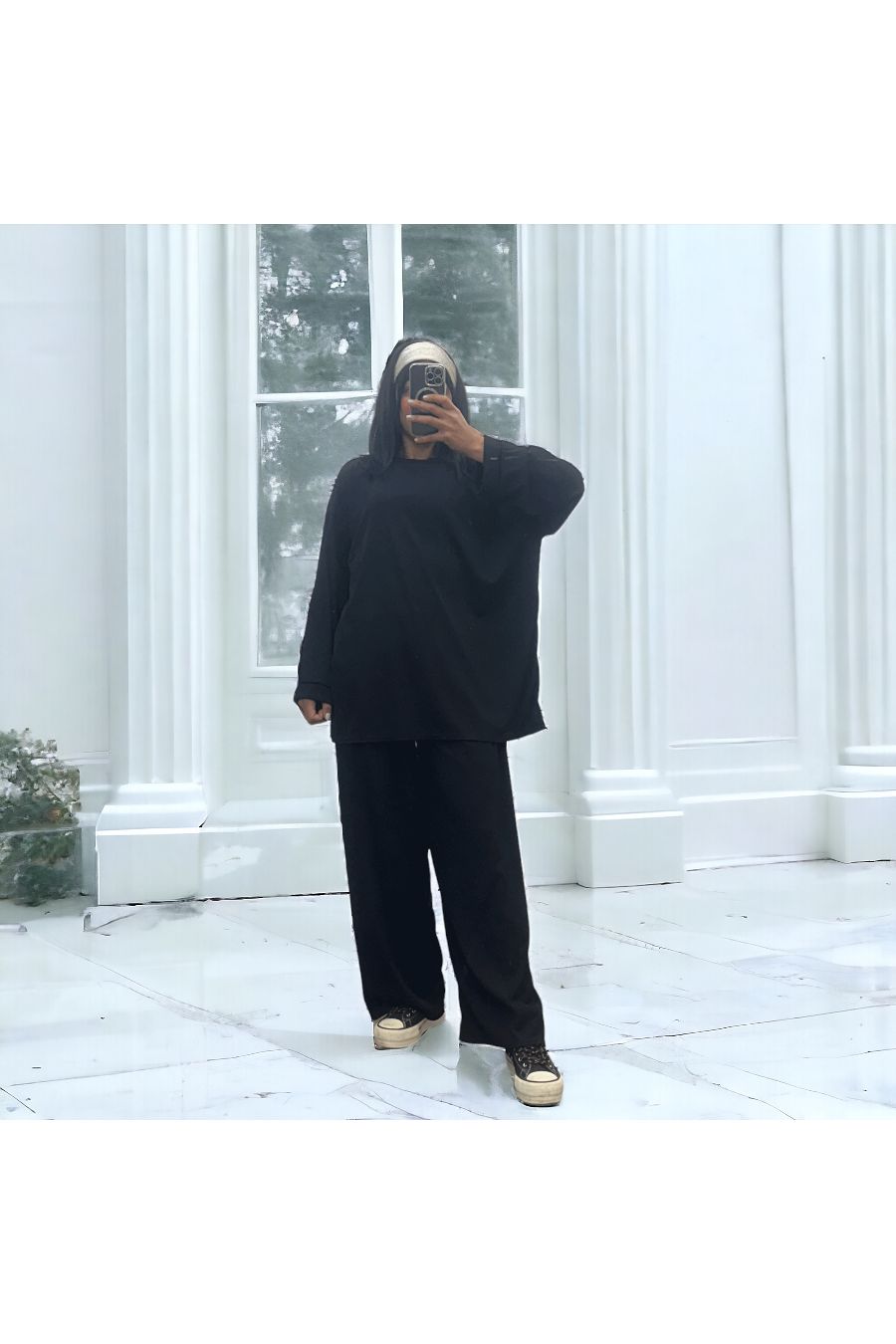 Ensemble tunique et pantalon léger noir en maille côtelé extensible printemps été  