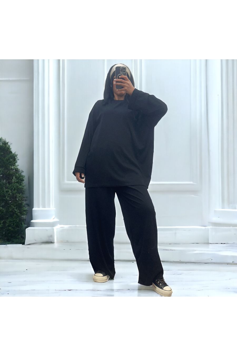 Ensemble tunique et pantalon léger noir en maille côtelé extensible printemps été   - 3