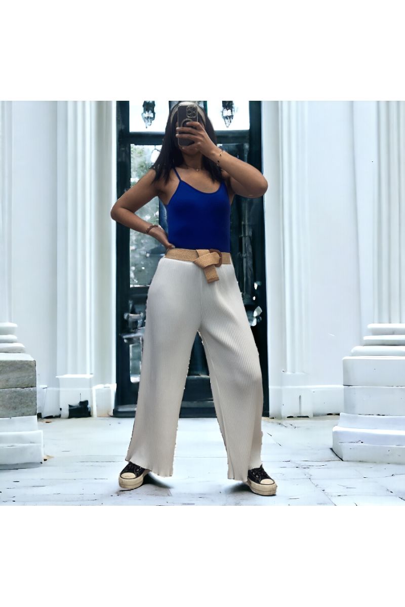 Pantalon palazzo plissé blanc avec ceinture élastique  - 2