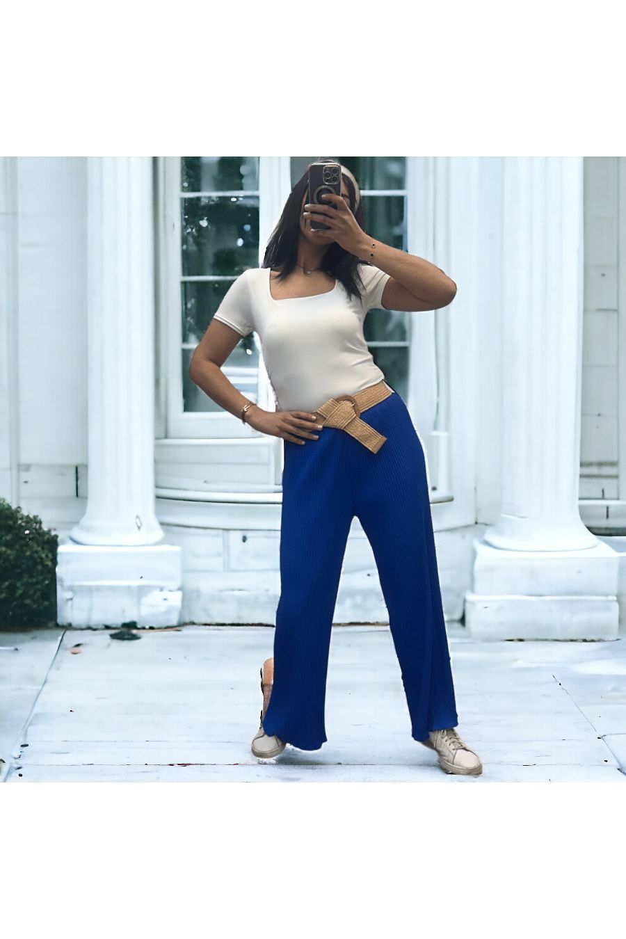 Pantalon palazzo plissé royal avec ceinture élastique - 2