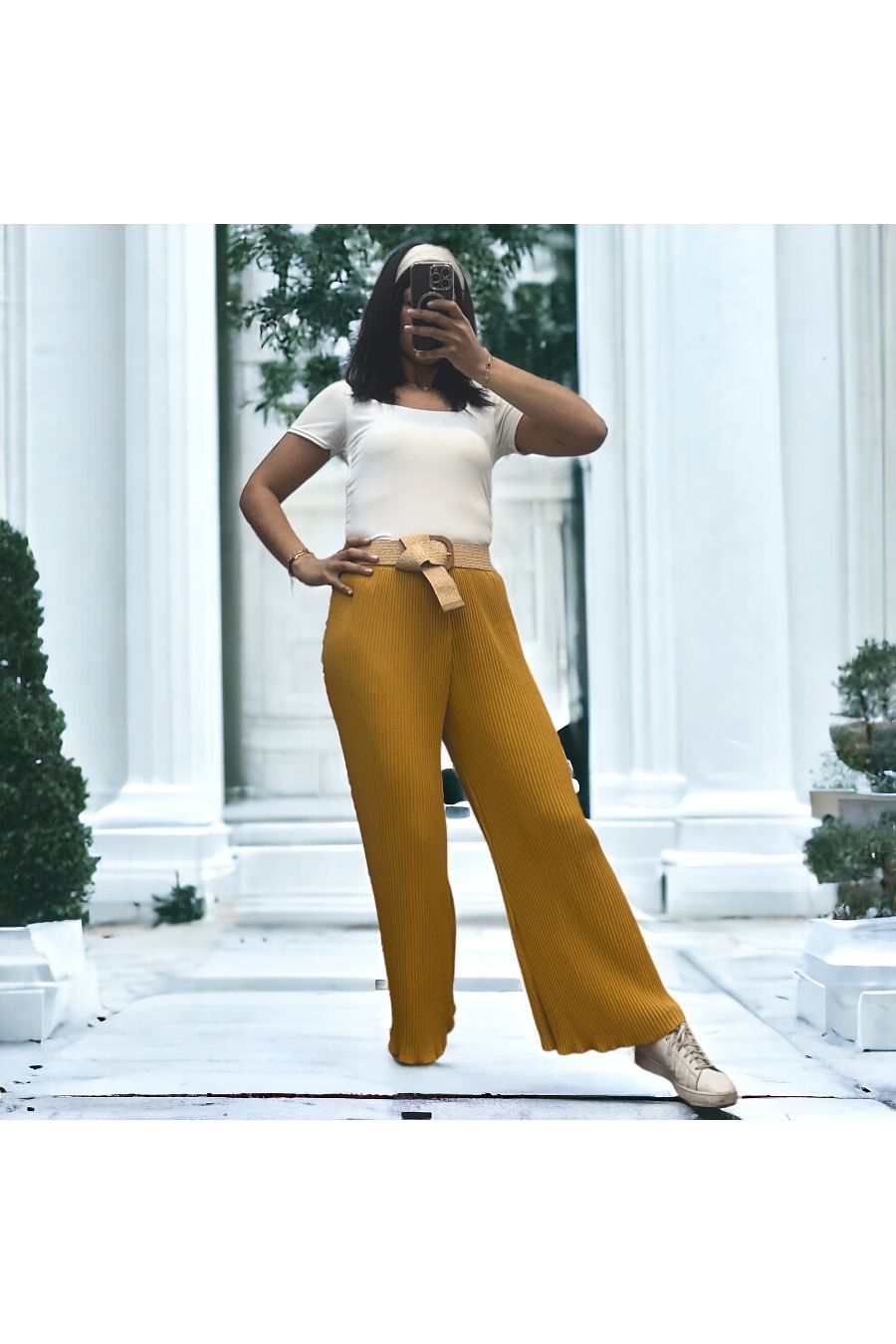 Mustard pleated palazzo pants with elastic waistband - 1