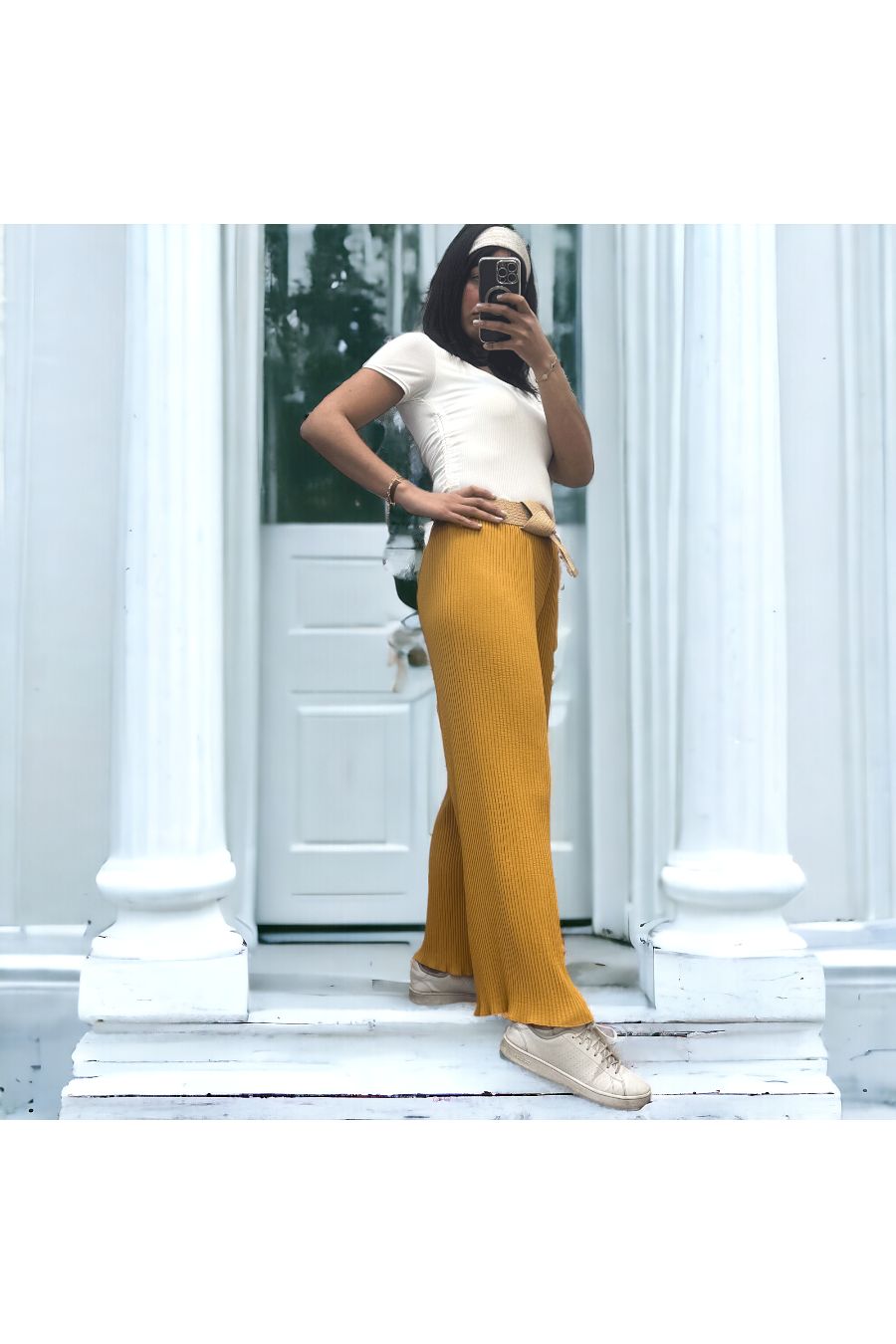 Mosterdgeel geplooide palazzo broek met elastische tailleband - 2