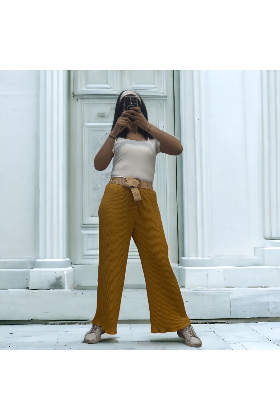 Pantalon palazzo plissé moutarde avec ceinture élastique  - 3