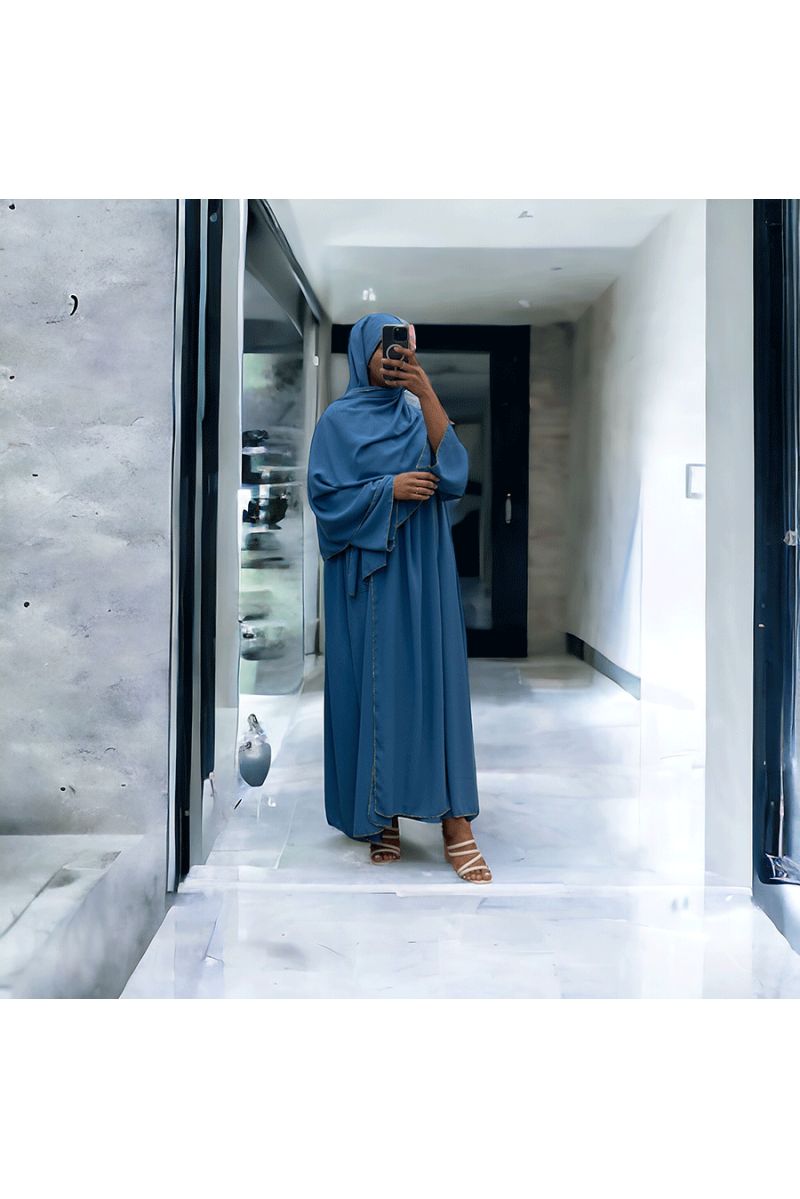 Robe abaya couleur indigo deux pièces avec foulard  - 3
