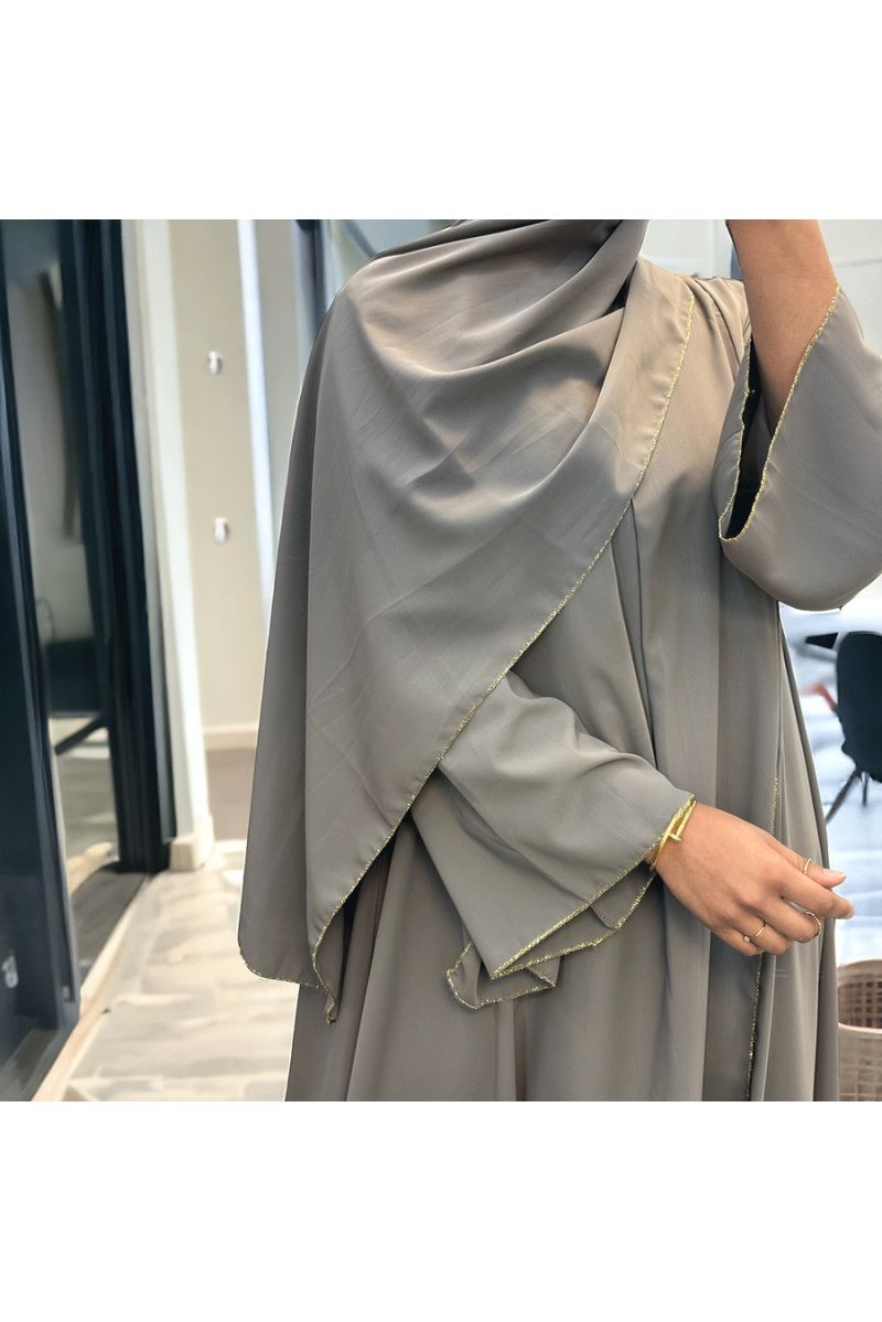 Robe abaya couleur taupe deux pièces avec foulard  - 1