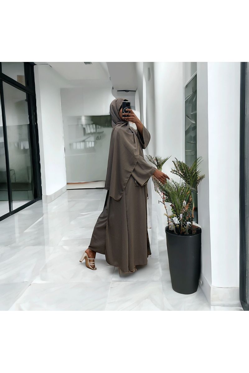 Robe abaya couleur taupe deux pièces avec foulard  - 2