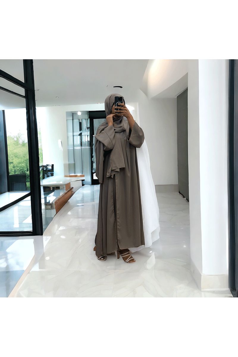 Robe abaya couleur taupe deux pièces avec foulard  - 3